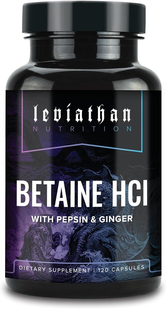 Leviathan Betaine HCl with Pepsin & Ginger - Digestive Enzymes Supplement for Digestion Aid & Support, Stomach Acid & Nutrient Absorption
