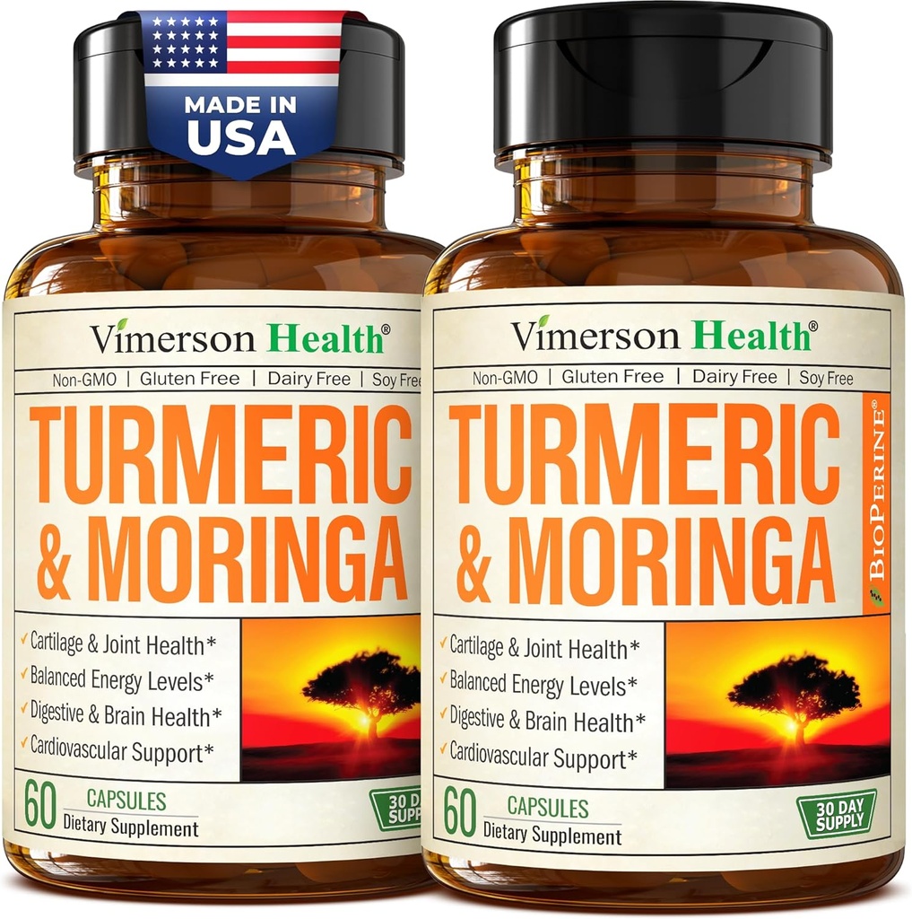 Moringa + Turmeric Curcumin συμπλήρωμα για την κοινή υγεία, την υγεία των ούρων, την ενέργεια και την ανοσοποιητική υποστήριξη - Total Wellness Formula - Tumeric Curcumin με Μαύρο πιπέρι & Moringa Pure Κάψουλες - 60 Count - 2 Pack