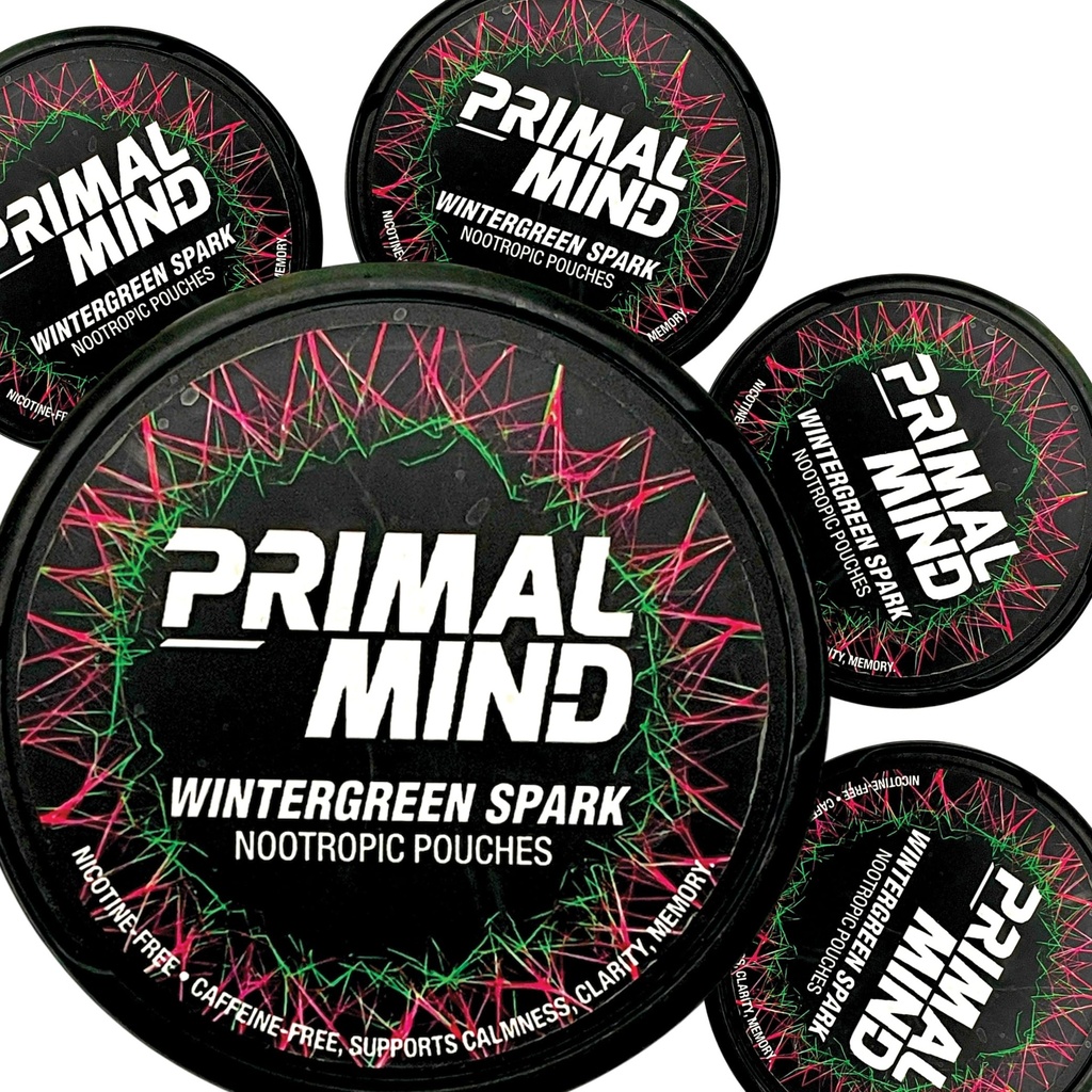 Primal Mind Wintergreen Spark - Stimulant-Free Calm Focus Pouches | L-Theanine + Bacopa Monnieri + Ginkgo Biloba | Nicotine-Free, Caffeine-Free | 20 Pouches Per Can (100 Total in 5-Pack)