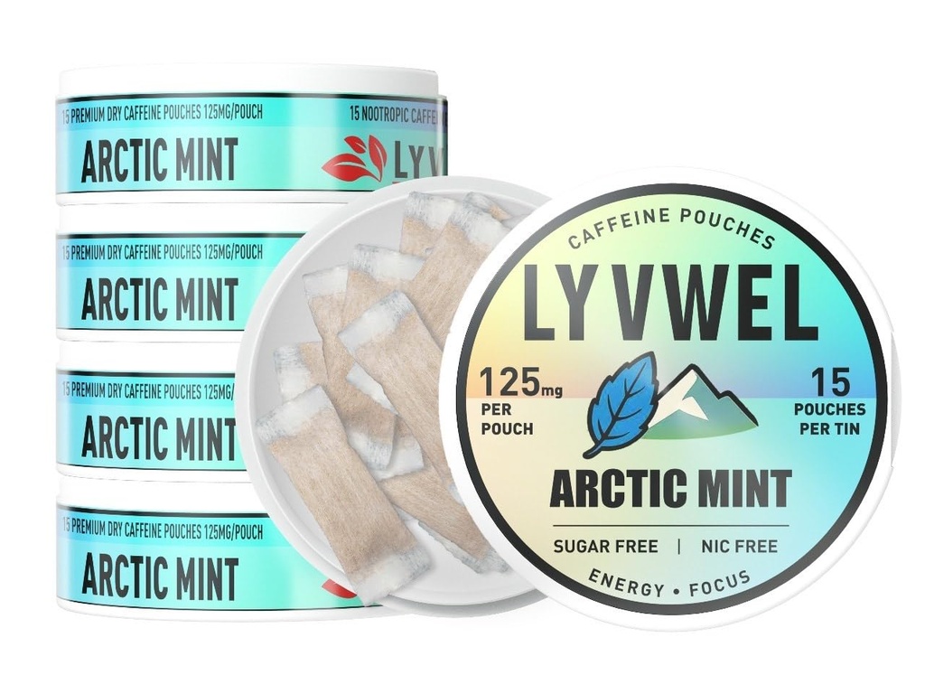 LyvWel 125mg Caffeine Pouches, Guarana-Powered Energy Pouches, Nootropic Pouches, Nicotine Free Pouches & Tobacco-Free, 75 Total Pouches, 5 Pack, Arctic Mint