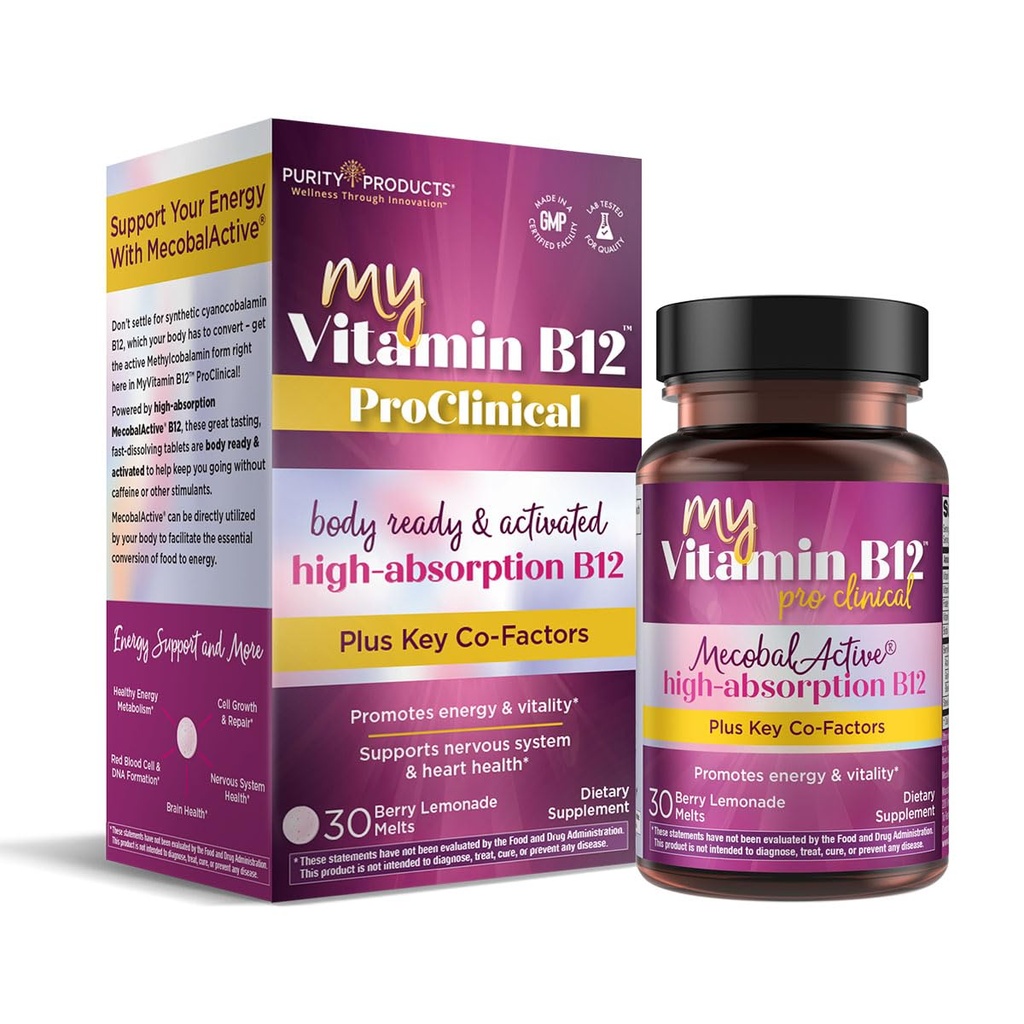 Purity Products MyVitamin B-12 ProClinical Melt Methylcobalamin B12 - Vitamins B6, D3, Folic Acid, Biotin + More - High Absorption MecobalActive B 12-30 Melting Tablets (1)