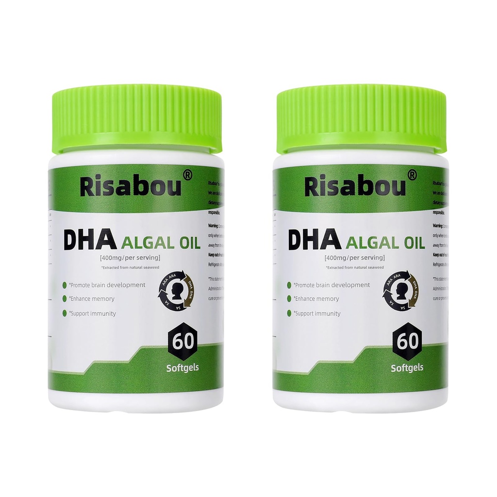 2 Bottles Algal Oil DHA 400 mg with ARA and SA, 120 Softgels Algae Oil - DHA Omega 3 Supplement, 1 Softgel per Serving for Brain, Memory & Nervous System Support - Non-GMO