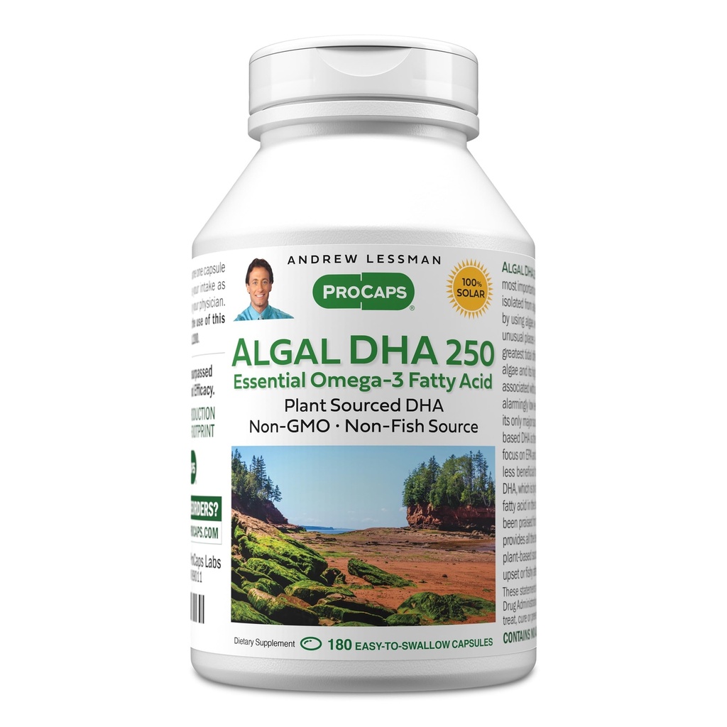 ANDREW LESSMAN Algal DHA 250mg 180 Softgels - Plant-Based Omega-3 Oils, Natural Marine Algae, High DHA, Non-GMO, High Potency, No Stomach Upset, No Fishy Aftertaste. Small Easy to Swallow