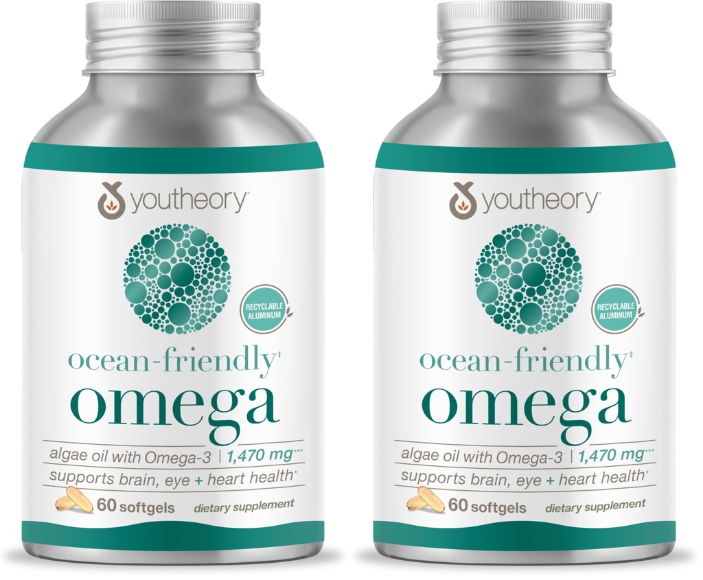 Youtheory Ocean-Friendly Omega - Vegan Algae Omega 3 Softgel - with EPA & DHA - Heart, Eye & Brain Health - Recyclable Aluminum Container - Gluten, Soy & Dairy Free - 60 Softgels (Pack of 2)