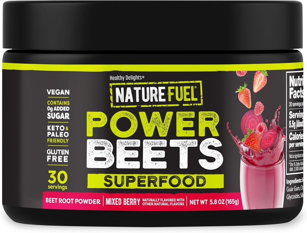 Healthy Delights Nature Fuel Power Beets, Vegan Beet Juice Powder, Beet Powder for High Blood Pressure, 0g Προστιθέμενη ζάχαρη, Beet Root Supplement, Beetroot, Mixed Berry, 30 Servings (Packaging May Vary)