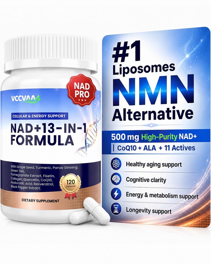 NAD Supplement with Resveratrol, Nicotinamide, Riboside, Quercetin & CoQ10 – Anti-Aging Support for Energy, Focus, Immune & Cellular Health 120 Capsules