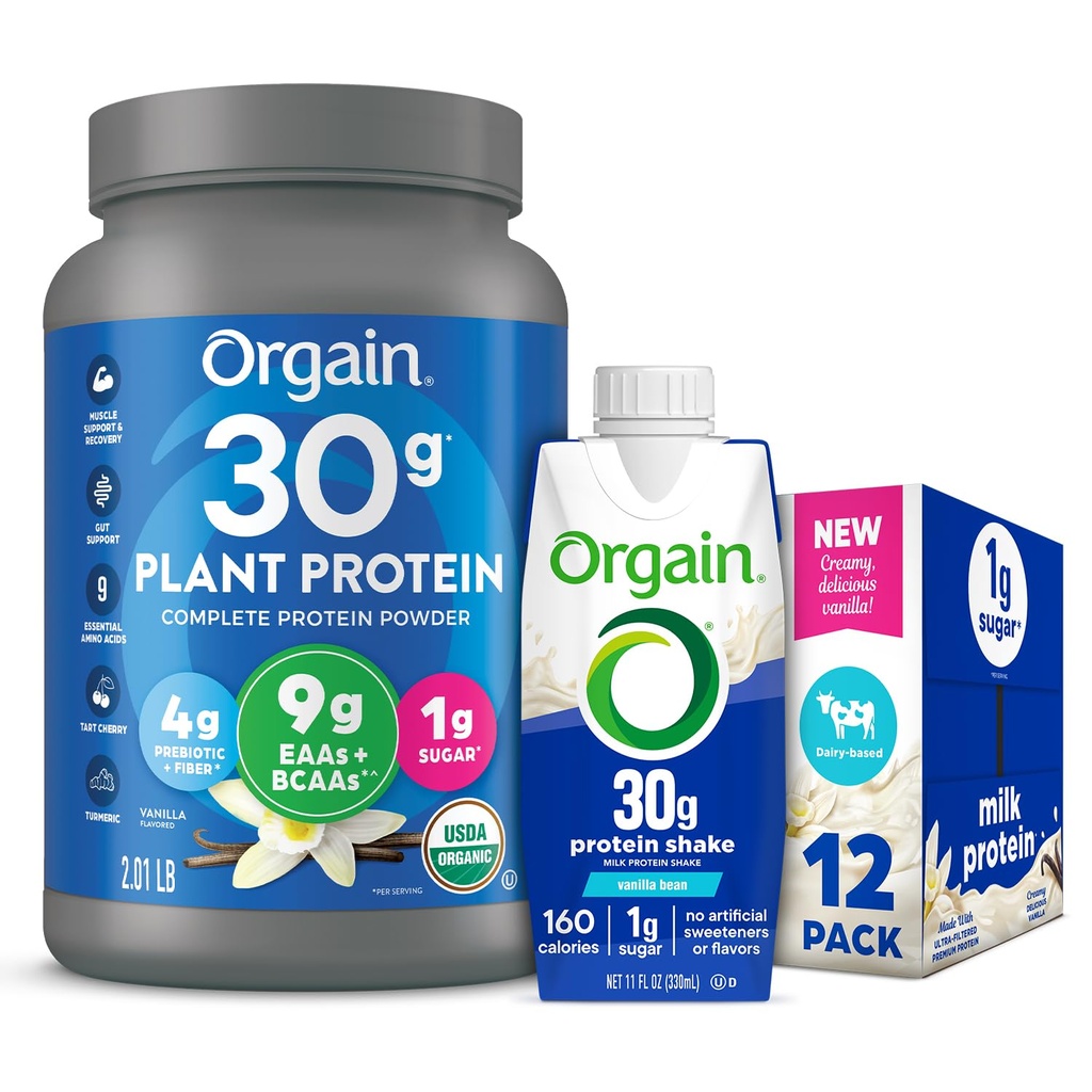 Orgain 30g High Protein Ready To Drink Shake, Vanilla Bean, 11 Fl Oz (Pack of 12) + Orgain Organic 30g Vegan Protein Powder, Vanilla 2.01 lb (Packaging May Vary) Bundle