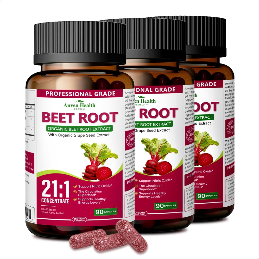 Organic Beet Root Capsules 21:1 Extract - High Potency Nitric Oxide Supplement with Black Pepper for Enhanced Absorption, Supports Blood Pressure, Circulation & Heart Health, Non-GMO, 270