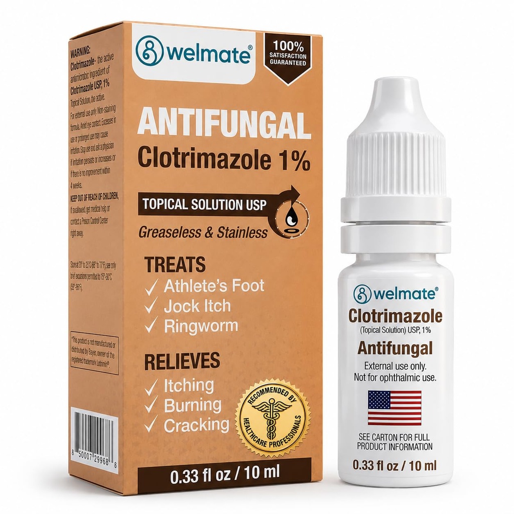 WELMATE Clotrimazole 1% Antifungal Topical Solution | 0.33 fl oz (10mL) Athlete's Foot, Jock Itch, Ringworm Treatment & Ear Drops, Greaseless Non-Staining, Fast Relief for Itchy, Burning Skin