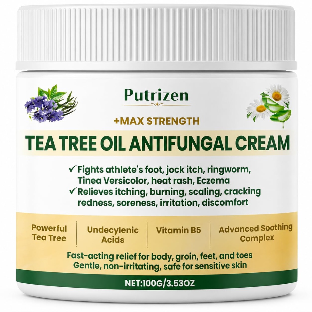 Antifungal Cream with Tea Tree Oil - Advanced Herbal Relief for Skin Fungus, Athlete's Foot, Jock Itch, Eczema, Tinea Versicolor, Natural Treatment, Relieves Itching, Burning, Scaling - 100g
