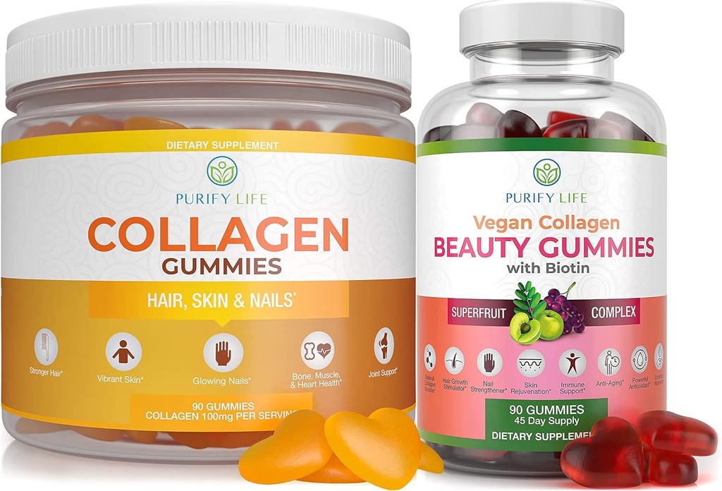 Καθαρίστε τη ζωή Marine Collagen & Vegan Collagen Bundle, Gummies Βιταμίνες για το δέρμα των μαλλιών και τα νύχια Υγεία (90 μάσημα), Pore Reducer & Ελαστικότητα, Αντικαταστήστε κάψουλες, χάπια