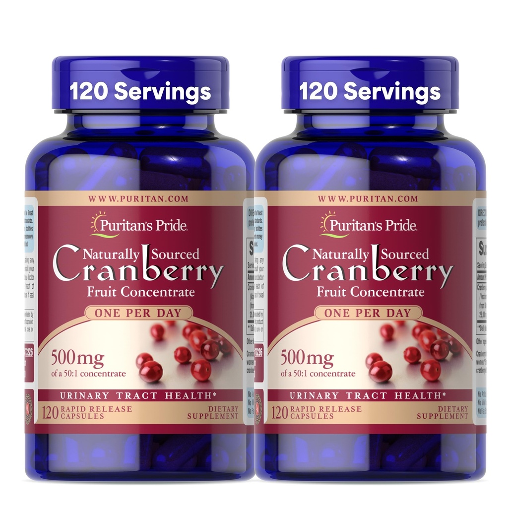 Puritan's Pride Φυσικά πηγάζει Cranberry One ανά ημέρα Συμπύκνωμα φρούτων 500mg, 50:1 Συμπλήρωμα διατροφής για την υποστήριξη της ουρικής αρτηρίας, 4 Μήνες προσφοράς, 120 κάψουλες ταχείας απελευθέρωσης, 2 Συσκευασία