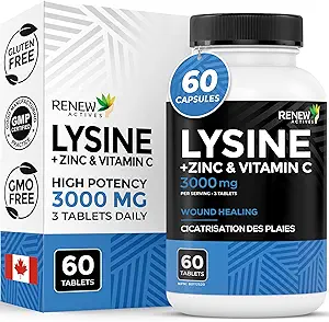 Renew Actives L-Lysine 1000 mg per Serving with Zinc & Vitamin C – Supports Immune Function, Collagen Formation, Antioxidant Support, & Healthy Skin, Hair, & Nails – Made in Canada – 60 Tablets
