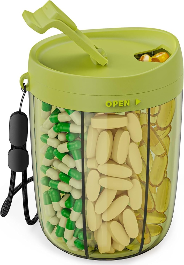 PULIV Big Pill Bottle Organizer, Συμπληρώματα Organizer για την εκμετάλλευση 6 Διάφορες βιταμίνες, κουτί χάπια περίπτωση με Anti-Mixing & Wide Opening Design, Easy to Retrive Meds and 20 PCS Stick-on Labels, Green