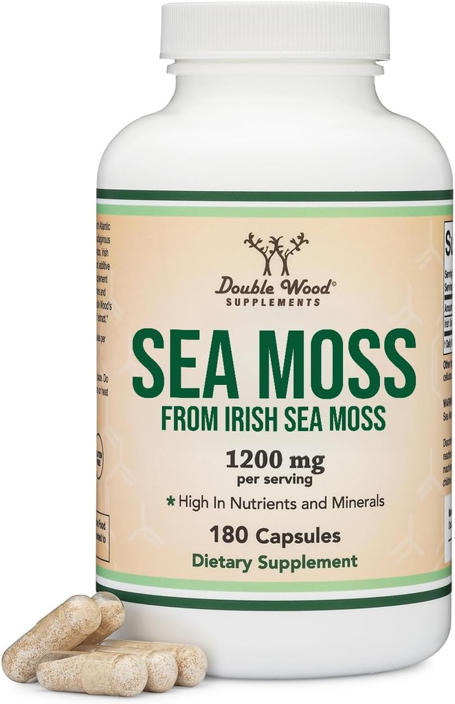 Ιρλανδικές Κάψουλες Θαλασσινού Μος, More Poent Than Sea Moss Gel Extract (180 Count, 1.200mg per Serving) (από Wildcrafted και Raw Chondrus Crispus) Nutrient Rich Superfood High in Minerals by Double Wood