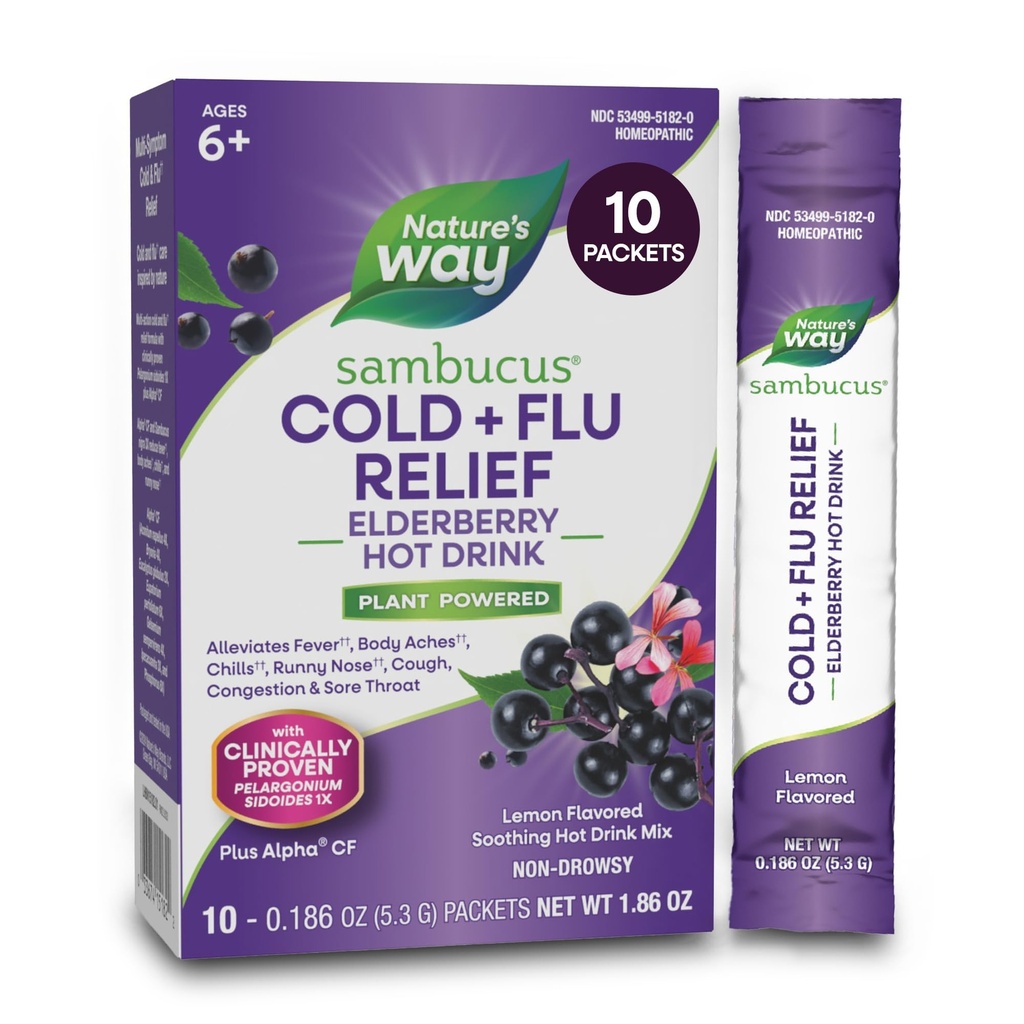 Nature's Way Sambucus Cold+Flu Relief Elderberry Hot Drink, Multi-Symptom Homeopathic Relief for Fever(1), Body Aches(1), Cough, Congestion, Sore Throat, Non-Drowsy, 10 Lemon-Flavored Packets