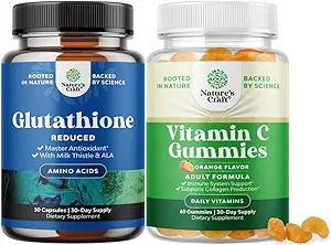 Bundle of Reduced Glutathione Supplement with Milk Thistle - 500 mg per Serving Pure L Glutathione and Chewable Vitamin C Gummies for Adults - Ascorbic Acid Natural Gummy Immune Booster & Cold Remedy