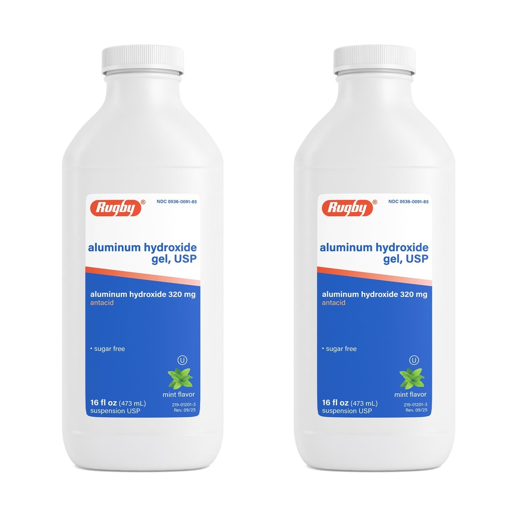 Rugby 320 mg Aluminum Hydroxide Gel, USP - Antacid Liquid - Upset Stomach, Acid Indigestion, and Heartburn Relief - Sugar-Free - Mint Flavored - 16 Fl. Oz. (2 Pack)