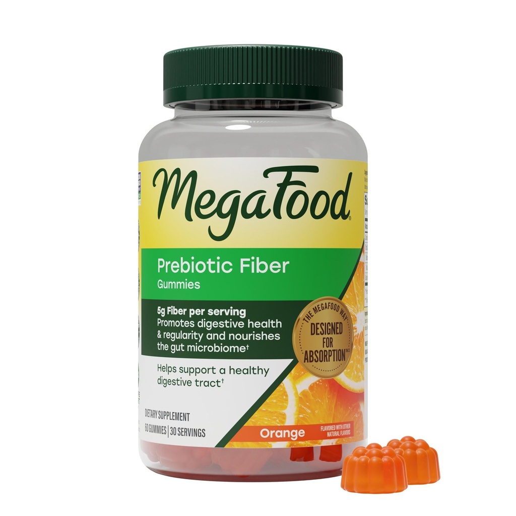 MegaFood Prebiotic Fiber Gummies for Adults & Kids 4+; Digestive Health & Immune Support Supplement; Gut Health Fiber Supplement from Chicory Root; Orange Flavor; 60 Vegetarian Gummies, 30 Servings