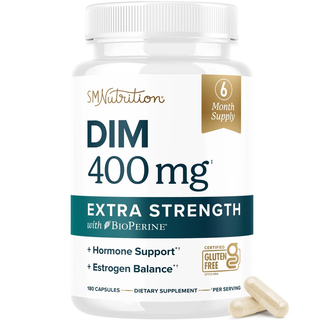 DIM Supplement 400MG Extra Strength | 6 Month Supply | Hormone Balance for Men and Women | Menopause, Acne, Hot Flashes Relief, Prostate & Antioxidant Support | Soy-Free, Gluten-Free | 180 Ct.