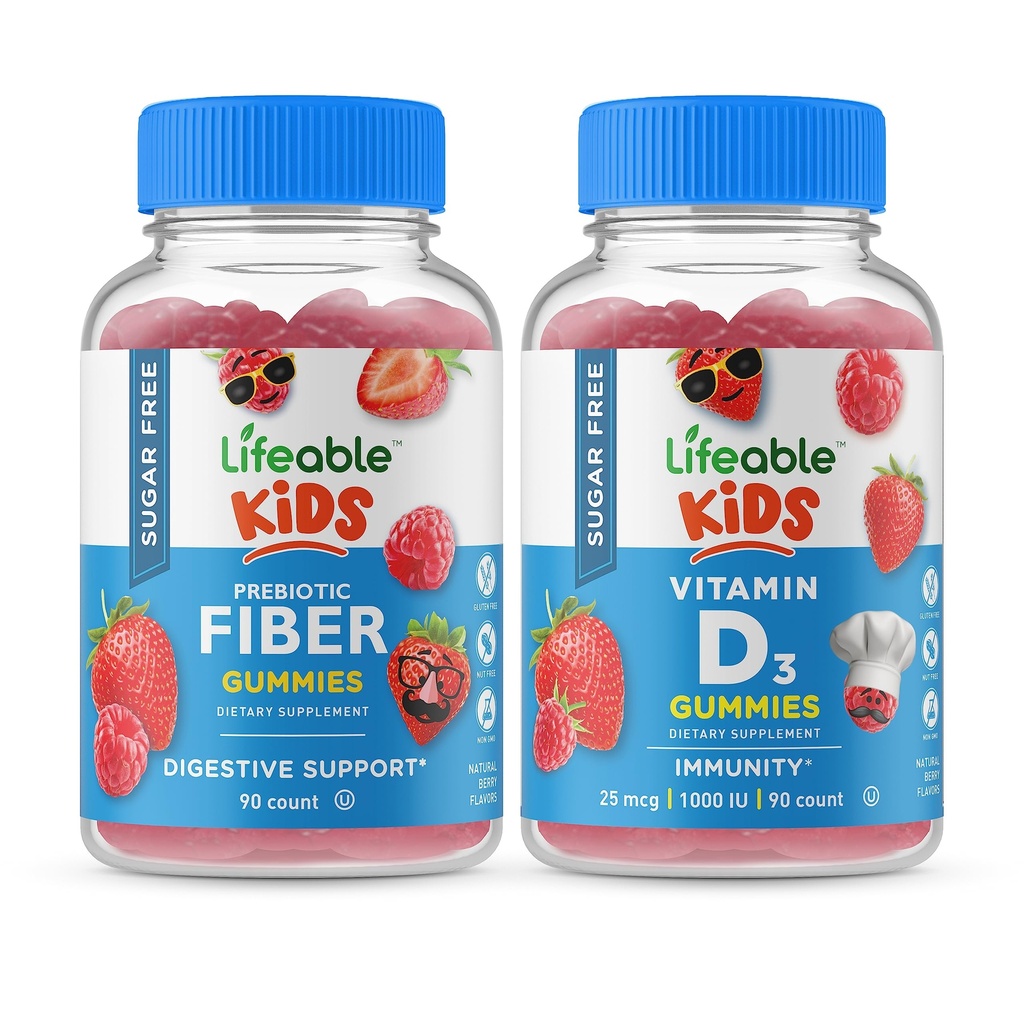 Ζωηρό χωρίς ζάχαρη Preciotic Fiber Kids + Vitamin D Kids, Gummies Bundle - Μεγάλη γεύση, συμπλήρωμα βιταμινών, χωρίς γλουτένη, GMO δωρεάν, Μασώμενα Gummy