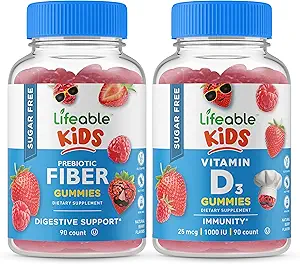 Lifeable Sugar Free Preciotic Fiber Kids + Vitamin D Kids, Gummies Bundle - Great Tasting, Vitamin Supplement, Gluten Free, GMO Free, Chewable Gummy