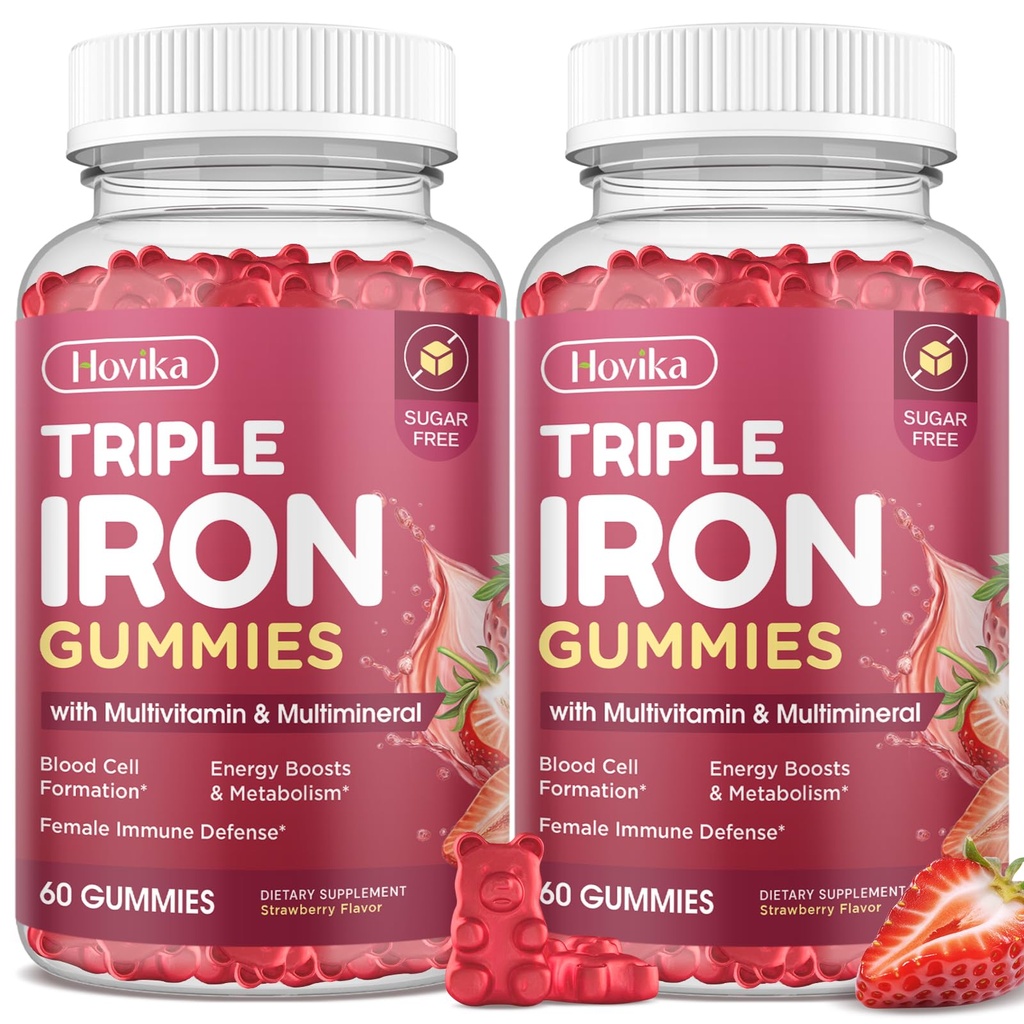 Iron Gummies for Women, Triple Iron Supplement with Multivitamin Iron Gummies with Vitamin C, A, B, Folate, Copper, Zinc for Energy & Blood Support, Immune Health, Vegan, Strawberry Flavor, 120 Counts
