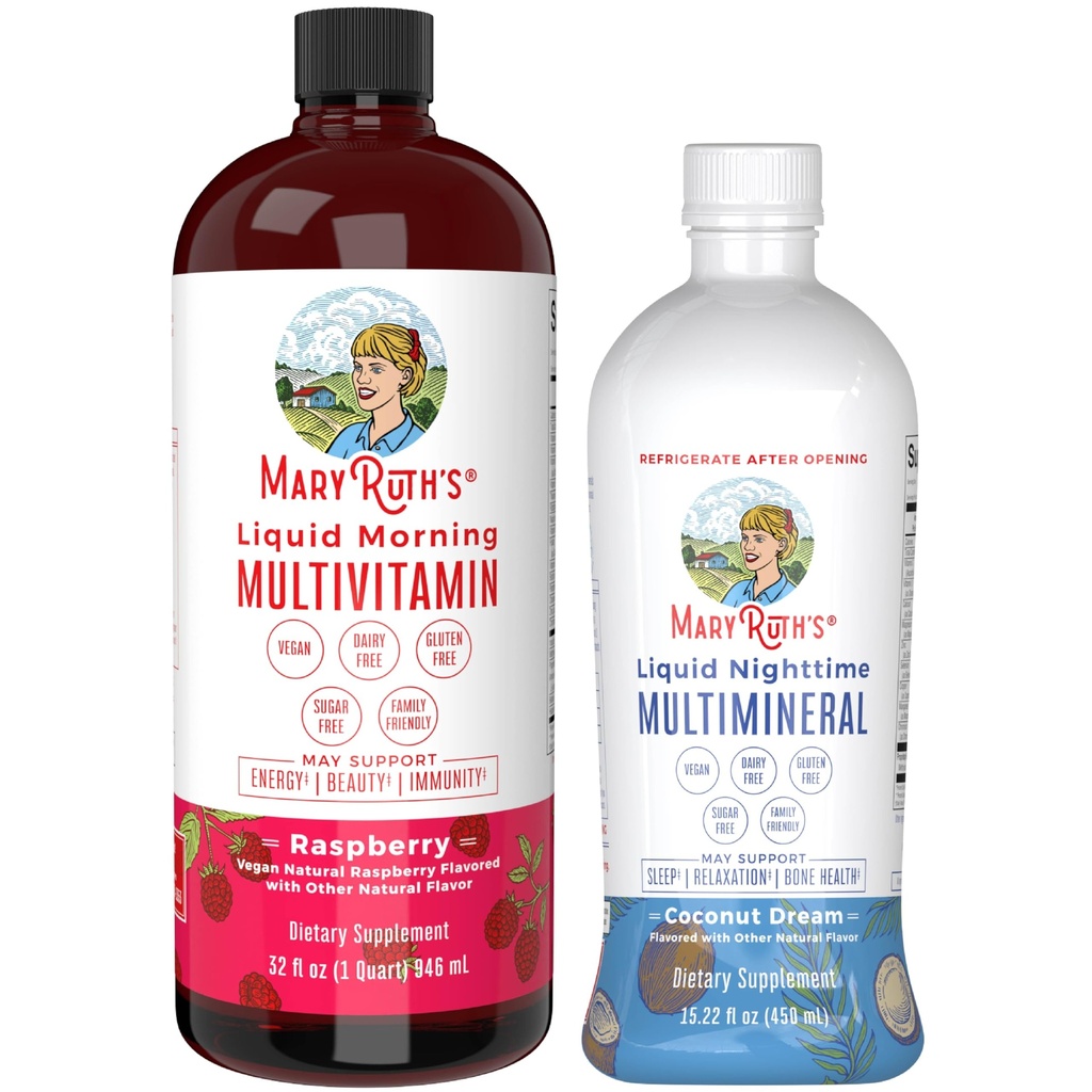 MaryRuth's Liquid Morning Multivitamin Raspberry (32oz) & Liquid Nighttime Multimineral Coconut (15.22oz) | Sugar-Free, No Melatonin | Vegan, Non-GMO | Supports Sleep, Beauty, and Overall Health
