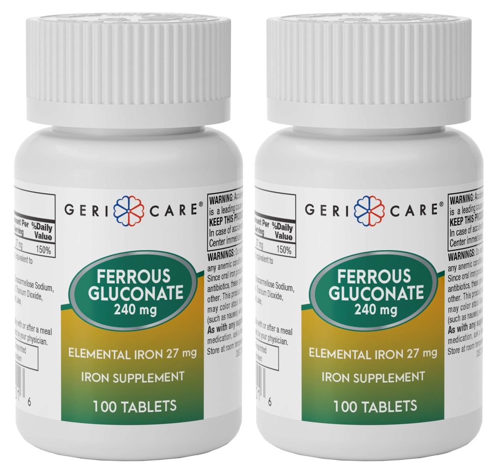 Gericare Ferrous Gluconate 27mg Iron Tablets, Gentle Daily Iron Supplement to Support Healthy Iron Levels & Natural Energy, Easy-to-Digest Formula, 100 Count (Pack of 2)