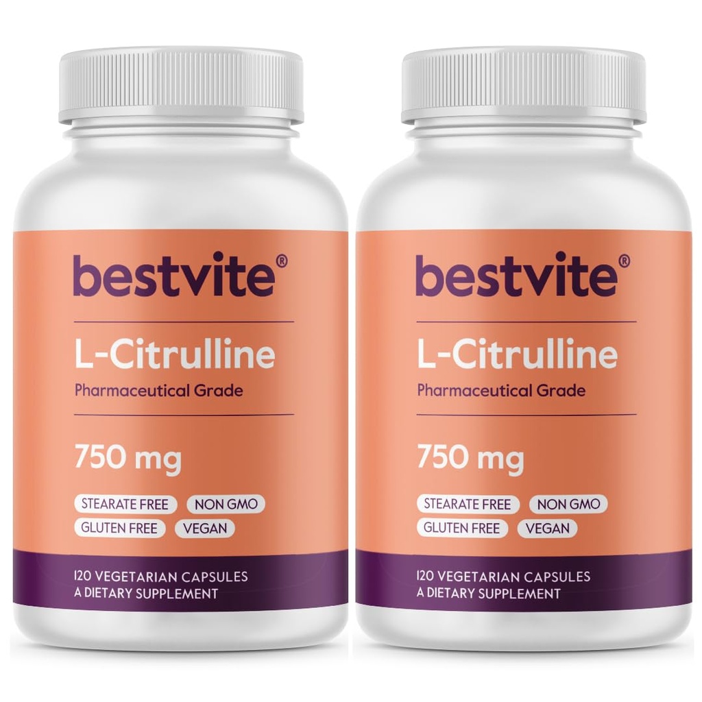 BESTVITE L-Citrulline 750mg ανά καψάκιο (240 κάψουλες χορτοφαγικής) (120 x 2) - Χωρίς Stearates - No Silica - No fillers - Μη ΓΤΟ - Χωρίς γλουτένη - Vegan