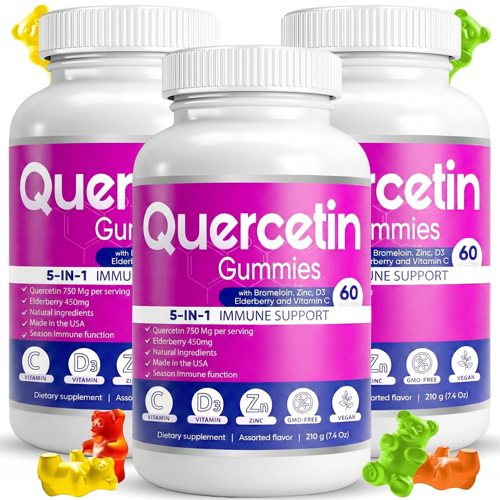 (3 Pack) Quercetin Gummies by BioVitalica - Quercetin με Bromelain Vitamin C και Zinc & Elderberry + Βιταμίνη D3-5 σε 1 Ανοσολογική Υποστήριξη - Ψευδάργυρος Quercetin 750 mg για Παιδιά και Ενήλικες