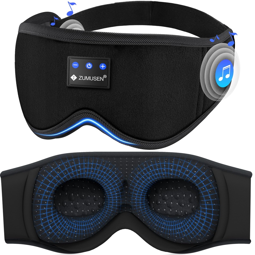 ZUMUSEN Bluetooth Sleep Headphones, 3D Wireless Music Eye Mask with Ultra-Thin Stereo Speakers, Adjustable Sleep Mask for Side Sleepers, Perfect for Travel, Meditation, Relaxation