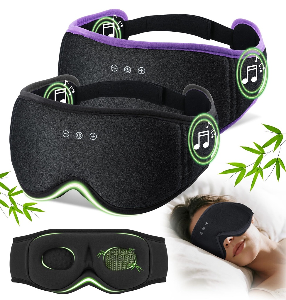 LC-dolida 2 Pack Bluetooth Sleep Mask, Bamboo Cotton 3D Blackout Contoured Bluetooth Sleep Headphones, Sleeping Eye Mask with 5.4 Bluetooth Headphones, Eye Sleep Mask for Side Sleepers, Black