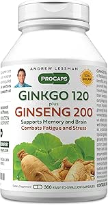 ANDREW LESSMAN Ginkgo 120 Plus Ginseng 200mg - 360 κάψουλες - Standardized Extract Blend to Support Brain, Memory and Cognitive Function. Adaptogen, καταπολεμά το άγχος και τη κόπωση. Χωρίς πρόσθετα