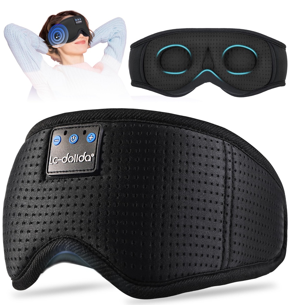 LC-dolida Sleep Headphones, Sleep Mask Bluetooth Wireless Music Eye Mask, Sleeping Headphones for Side Sleepers Sleep Mask with Bluetooth Headphones Ultra-Thin Stereo Speakers Perfect for Sleeping