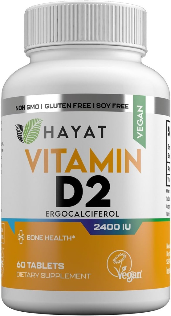 HAYAT Βιταμίνες Vegan Vitamin D2 2400 IU (60 MCG), Συμπλήρωμα διατροφής για Οστέινο, Δόντια, Μυϊκό και Ανοσοποιητικό Υγεία Υποστήριξη, 2 Μήνες Προσφορά, Όλα Φυσικά, Πιστοποιημένο Hanal, 60 δισκία, Κατασκευασμένο στις ΗΠΑ