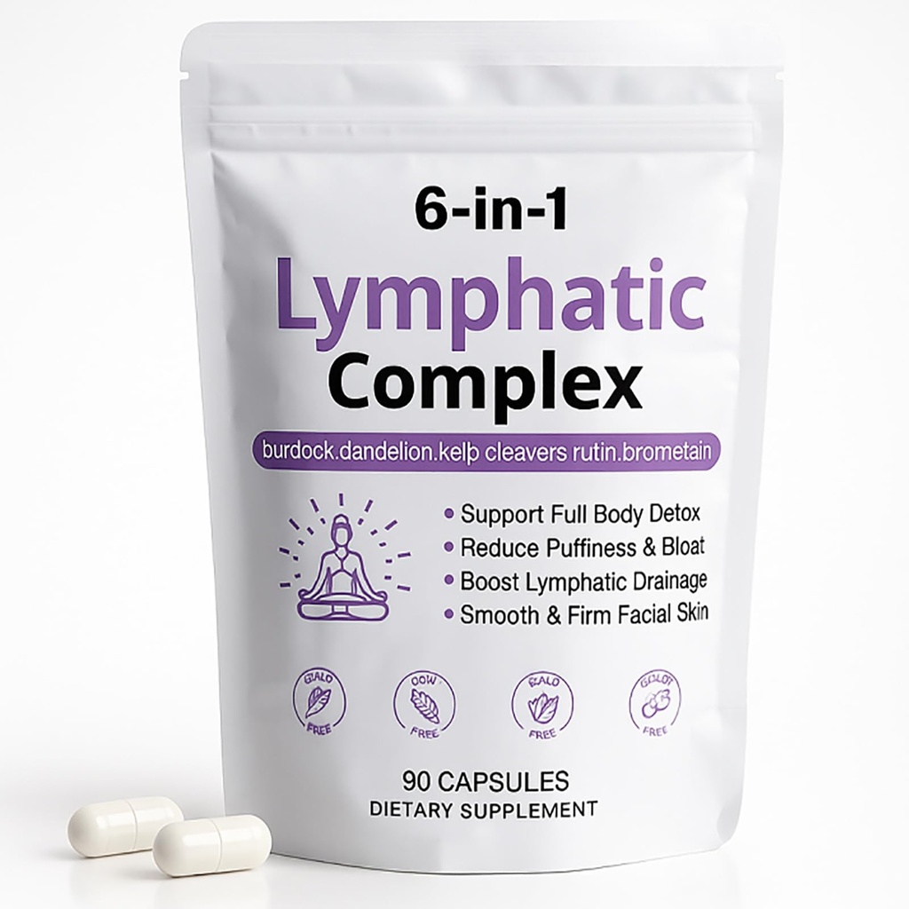 6 in 1 Lymphatic Complex Capsules – Lymphatic drainage with Burdock, Dandelion, Kelp Cleavers for Reduce Bloat, Balance Cortisol, Full Body Detox & Skin Vitality | Vegan · Non-GMO, 90 Capsules (1)