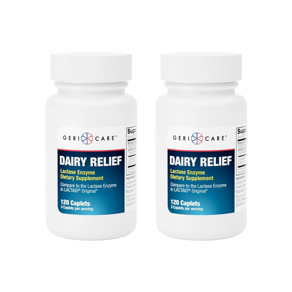 Lactase Enzyme Dairy Relief Caplets, 3000 FCC Units, Digestive Enzyme Supplement for Dairy Products, for Better Lactose Digestion, Helps Prevent Gas, Bloating & Stomach Discomfort, 120 Count (2pk)