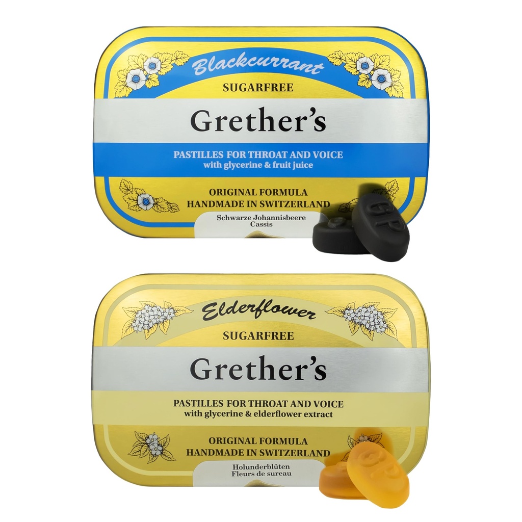 GRETHER'S Sugarfree Blackcurrant & Elderflower Pastilles – Premium Swiss Throat Lozenges for Dry Mouth & Throat Comfort – Gluten & Lactose Free – Gift for Singers – 2.1 oz, 2 Pack