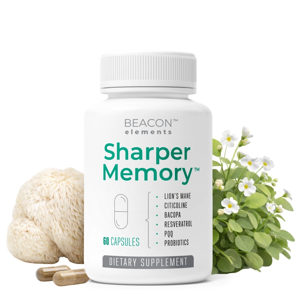 Sharper Memory™ Brain Supplement for Memory & Focus | Nootropic Formula for Brain Wellness with Lion’s Mane, Citicoline, Bacopa, PQQ, Resveratrol & Probiotics | 60 Capsules