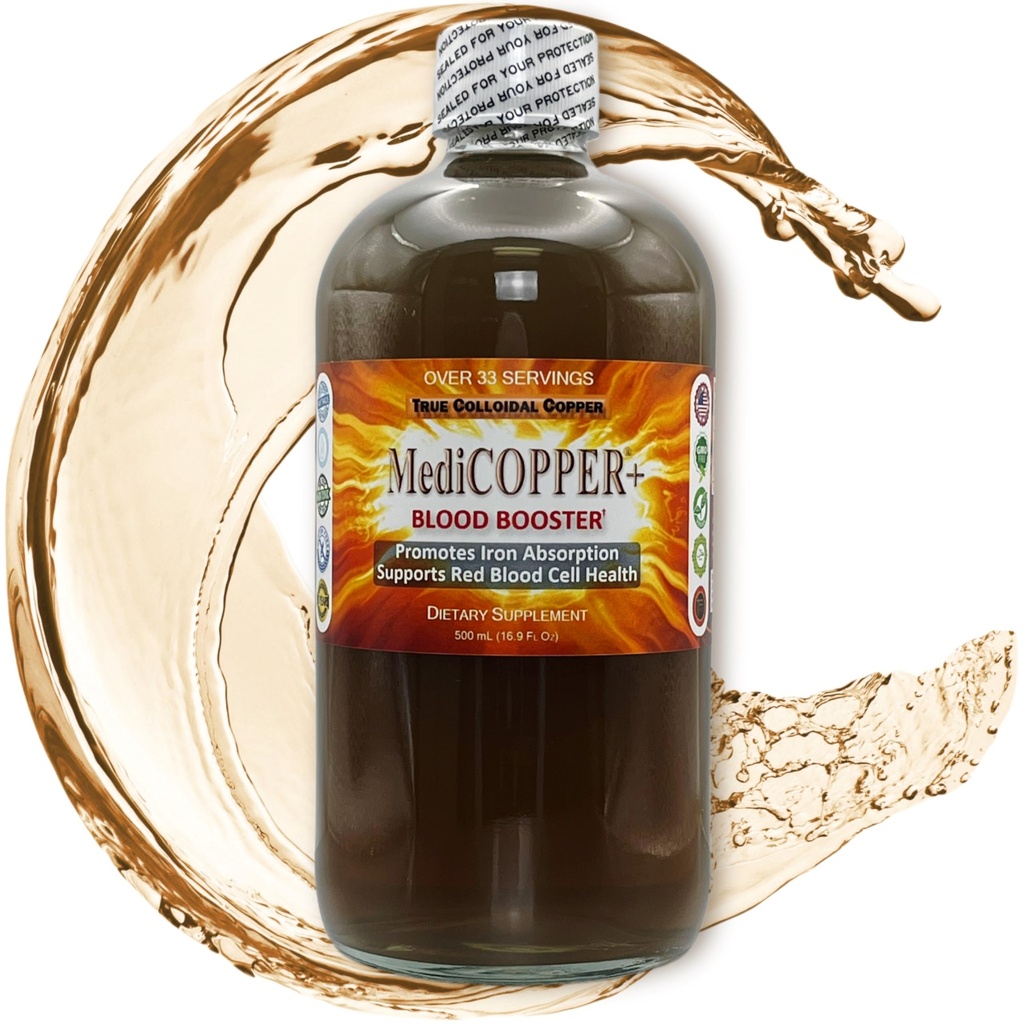 MediCOPPER® Plus Blood Booster True Colloidal Copper CuNP Nutritional Supplement - 500 mL in Clear Glass Bottle