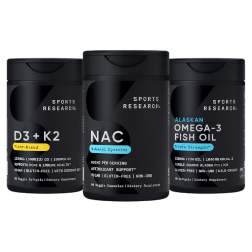 Sports Research® Antioxidant Support Pack - Vegan NAC Supplement (N-Acetyl Cysteine) 600 mg, Vitamin D3 5000iu + K2 100mcg, and Alaskan Omega-3 Fish Oil 1250mg