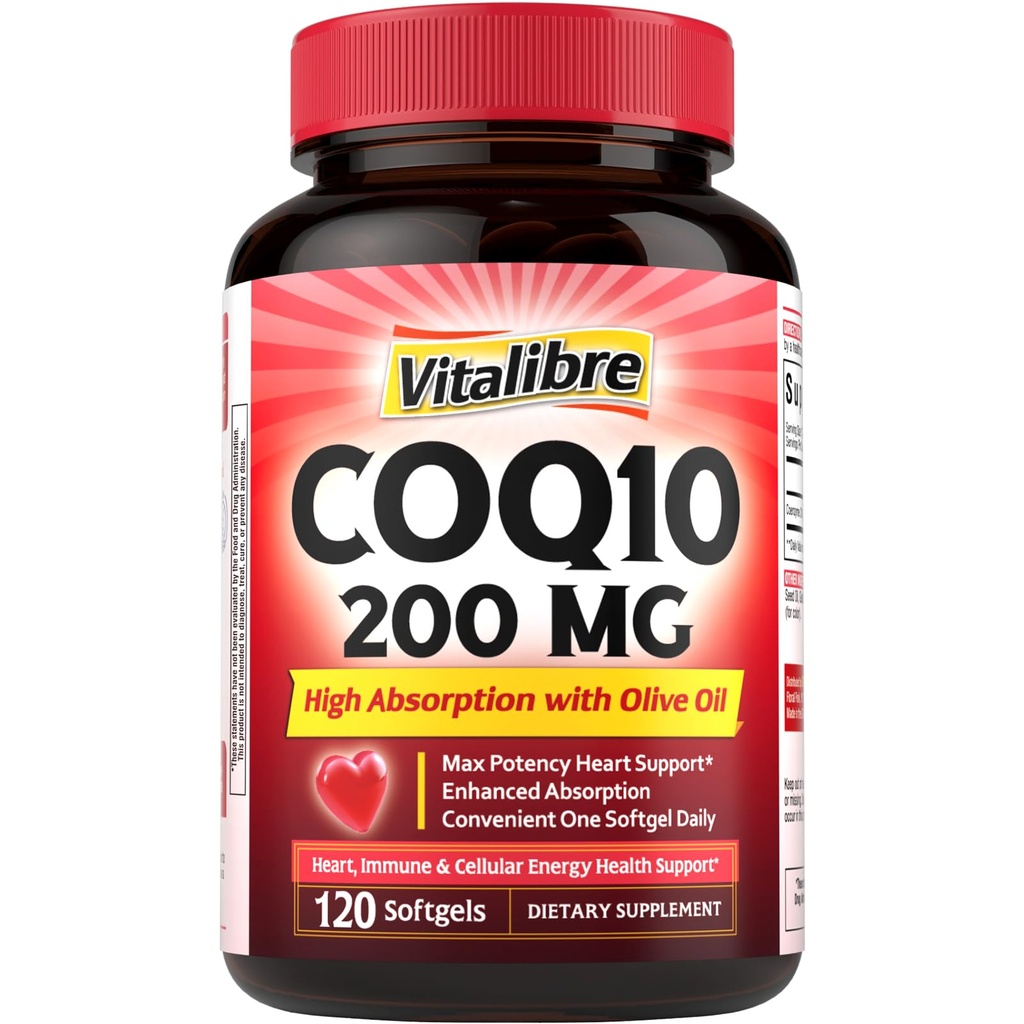 Vitalibre CoQ10 200 mg, with Extra Virgin Olive Oil, High Absorption CoQ10 Ubiquinone, Max Potency Heart & Cellular Energy Support, Powerful Antioxidant, Easy to Swallow, Once Daily, 120 Softgels