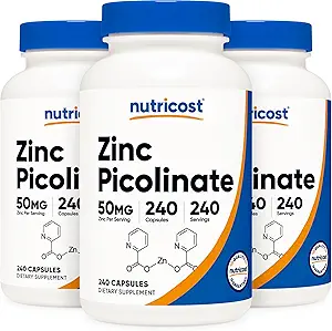 Nutricost Ψευδάργυρος Picolinate 50mg, 240 κάψουλες χορτοφάγων (3 φιάλες) - Χωρίς γλουτένη και μη ΓΤΟ