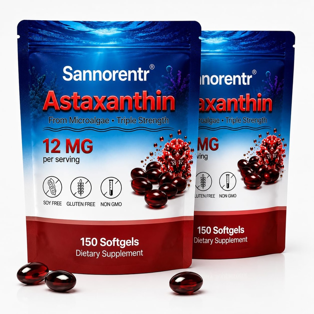 Astaxanthin 12MG High Potency Ingredients, 300 Softgels, Antioxidant Supplement from Fresh Microalgae with Sunflower Oil for Absorption, Non-GMO