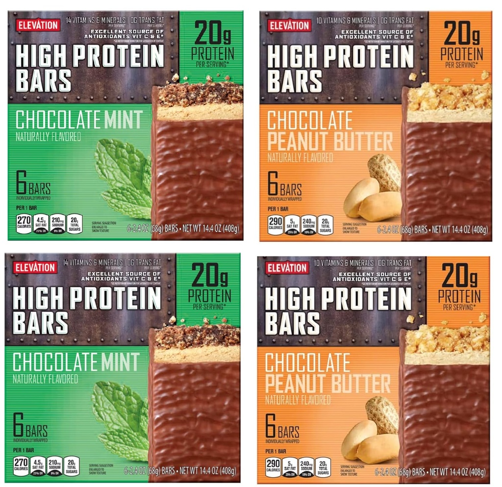 Millville Elevation Mint Chocolate and Chocolate Peanut Butter High Protein Bars 14.4oz 408g (Pack of Four)