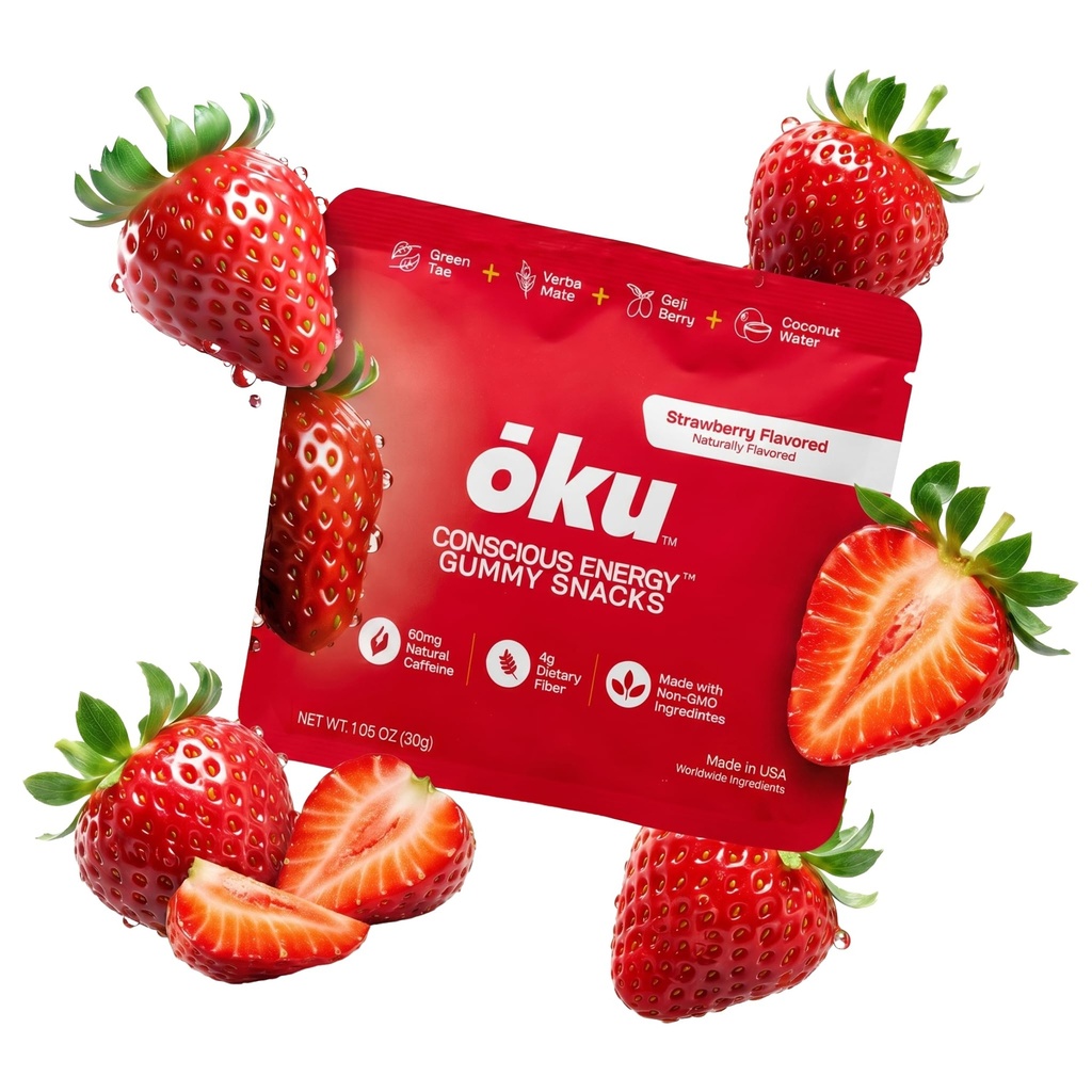 ōku Functional Energy Chews, 60mg of Caffeine from Green Tea & Yerba Mate, Coconut Water for Hydration and 4 Grams of Fiber, Strawberry (8-Pack)