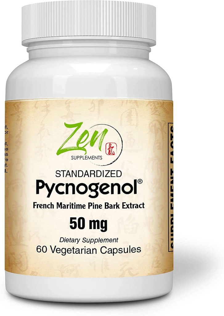 Συμπληρώματα Zen Pycnogenol 50mg - Standardized French Maritime Pine Bark Extract for Antioxidant & Inflammation Support - Μη ΓΤΟ, Γλουτένη & Χωρίς σόγια 60-Vegcaps