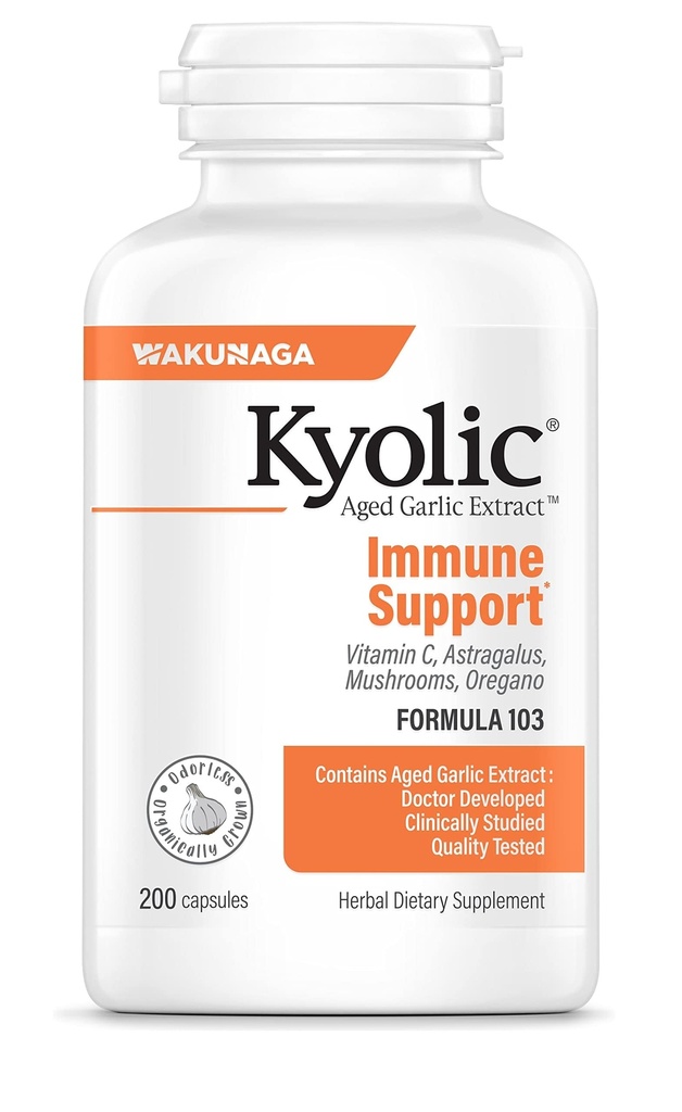 Kyolic Aged Garlic Extract Formula 103 - Immune Support - Bioavailable Aged Garlic Extract Supplement* - Mushroom Complex, Astragalus, Olive Leaf, Oregano & Vitamin C - 200 Capsules (100 Servings)