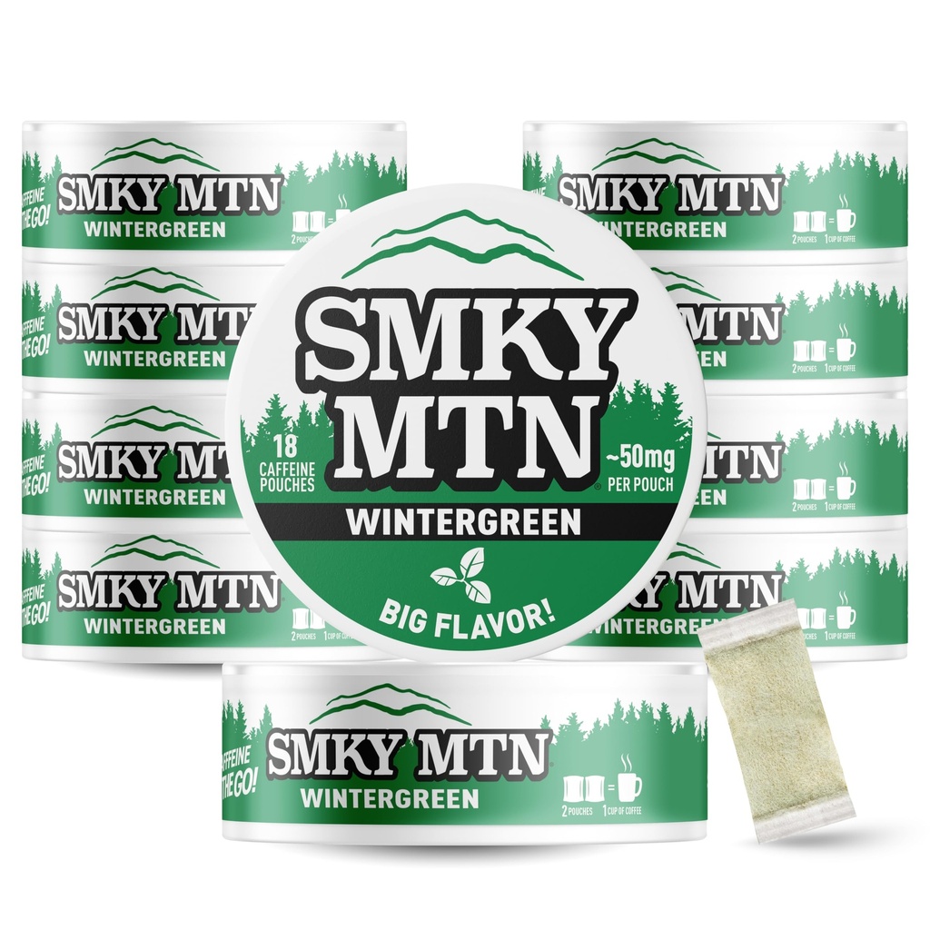 Smokey Mountain Caffeinated Pouches - Wintergreen - Tobacco Free and Nicotine Free - 10 Can Box - 15 Pouches Per Can